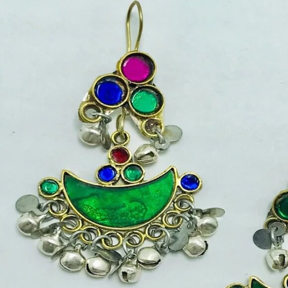 Multicolor Glass Stones Silver Earrings, AfghanTraditional Earrings,Light Weight - Picture 13 of 13